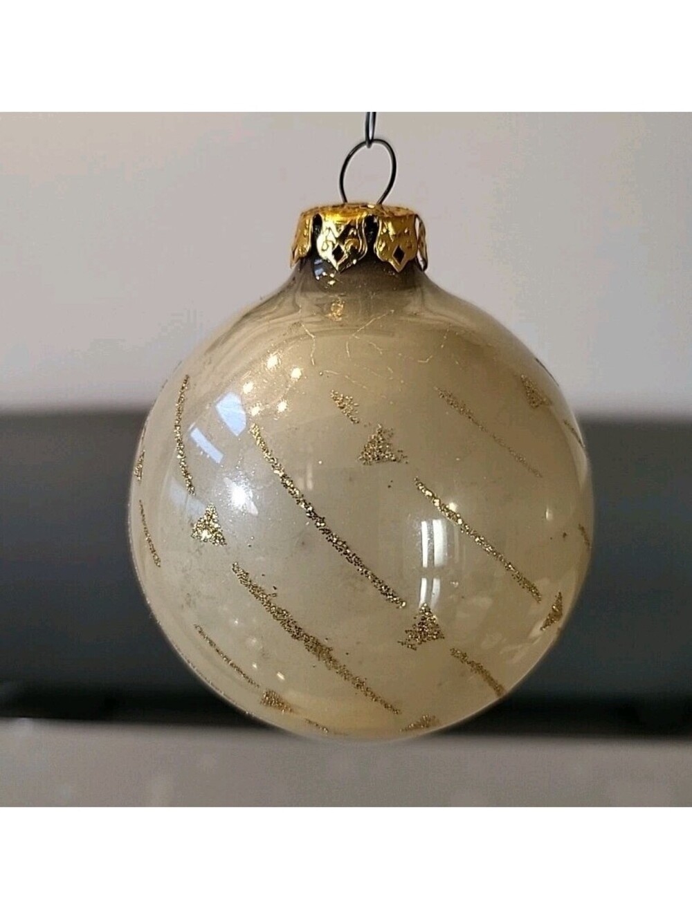 Vintage Mercury Glass Christmas Ornament Round Ball Gold Ivory Hand Painted B2